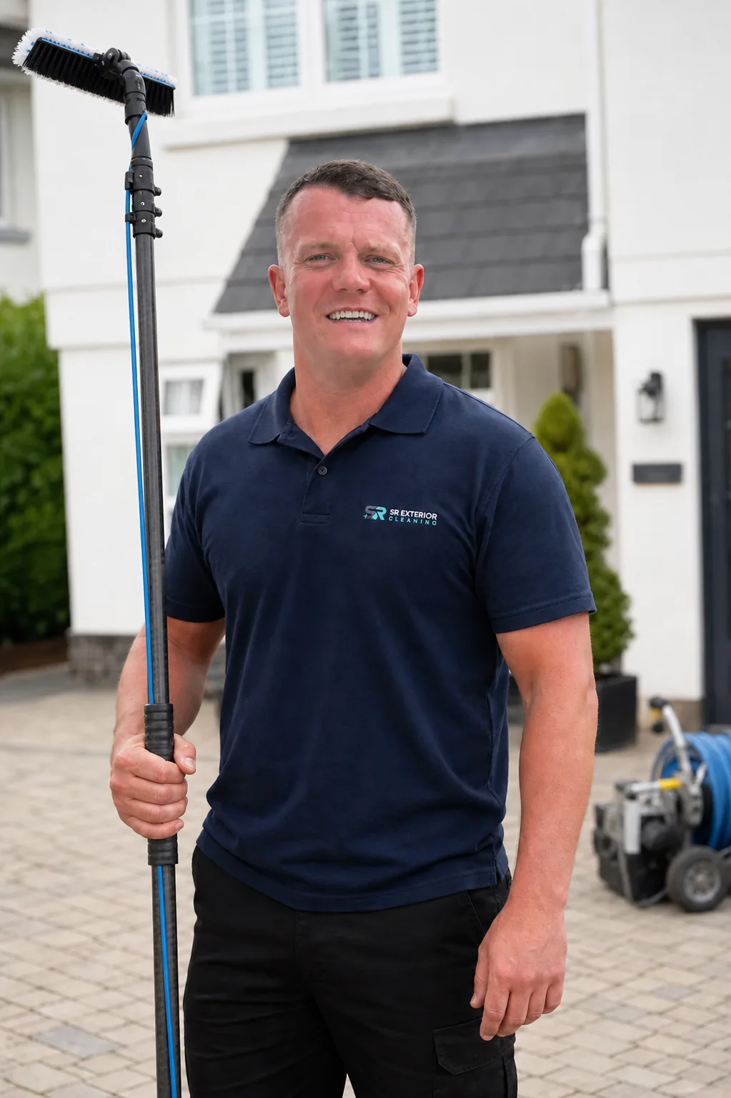 Shaun from SR Exterior Cleaning holding a water-fed window-cleaning pole